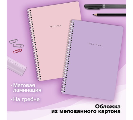 Бизнес-тетрадь BRAUBERG А4, 96 л., комплект 2 шт., гребень, клетка, матовая ламинация, MINIMAL PASTEL, 404879