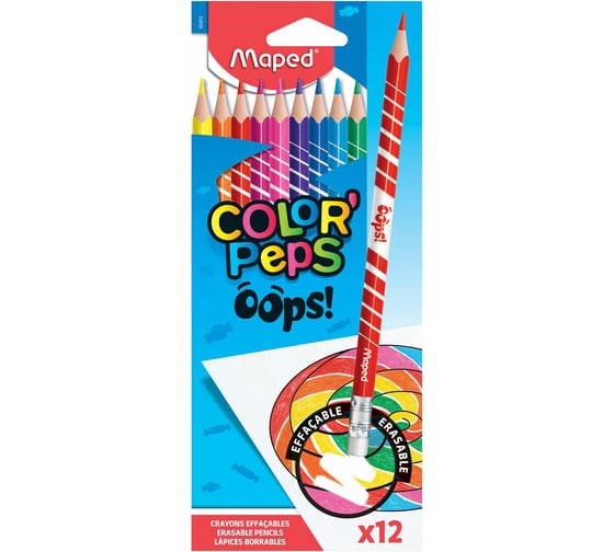 Карандаши цветные стираемые с ластиком ОФИСМАГ MAPED (Франция) Color'Peps Oops, 12 цветов, трехгранные, 832812 182116