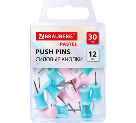 Силовые кнопки-гвоздики BRAUBERG PASTEL, пастельные цвета, 30 штук, 12 мм, 272756