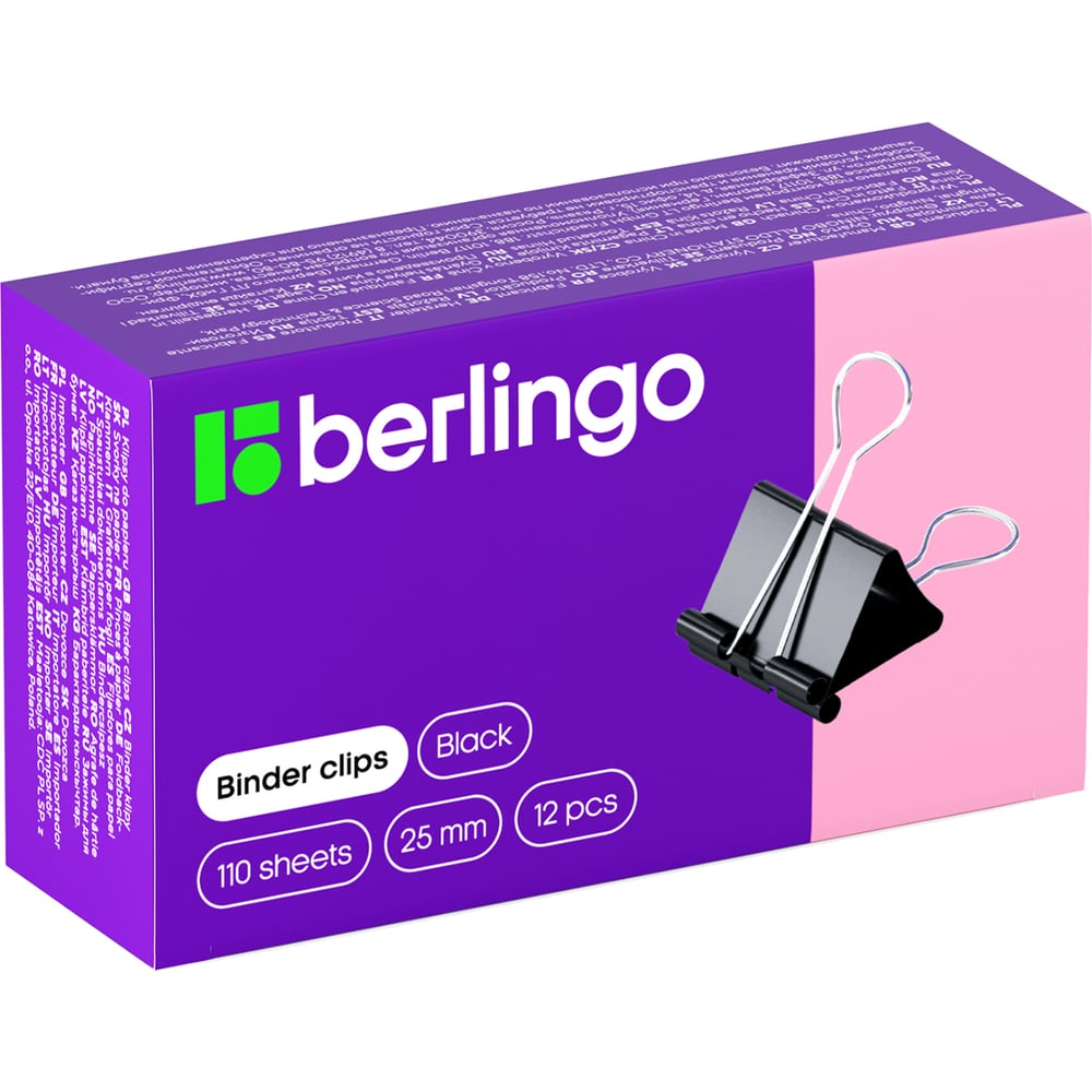 Зажимы для бумаг BERLINGO 25 мм, 12 шт, черные, картонная коробка ...
