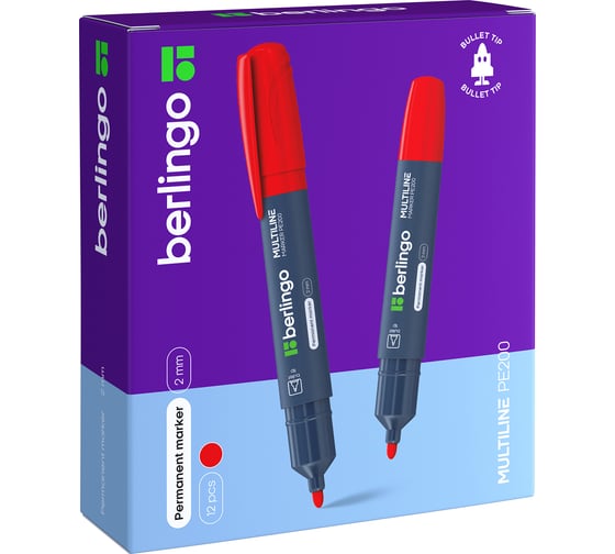 Перманентный маркер BERLINGO Multiline PE200 красный, пулевидный, 2 мм PM6102