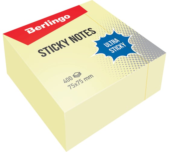 Самоклеящийся блок BERLINGO Ultra Sticky 75х75 мм, 400 листов, пастель, желтый LSn_40000