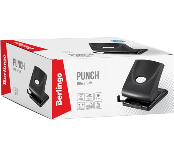 Пластиковый дырокол BERLINGO Office Soft 40 листов, с фиксатором, черный, с линейкой DDp_40161