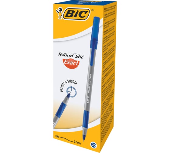 Ручка шариковая ОФИСМАГ BIC Round Stic Exact, комплект 20 шт синяя, узел 0,7 мм, линия письма 0,28 мм 880484
