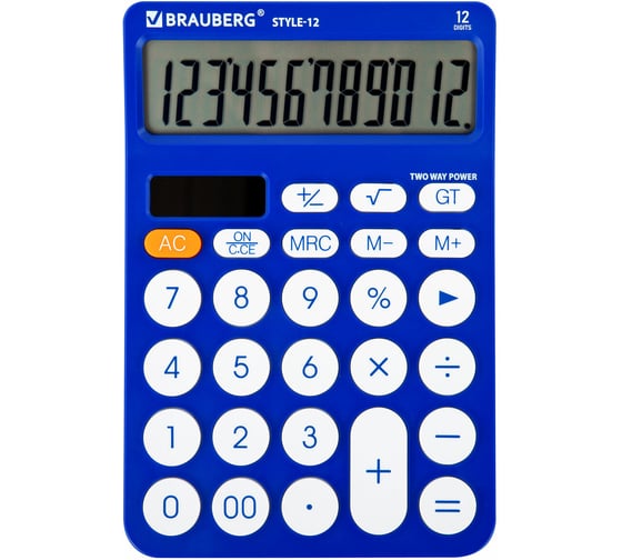 Калькулятор настольный BRAUBERG STYLE-12-BL 157х106 мм 12 разрядов, двойное питание, синий 272966