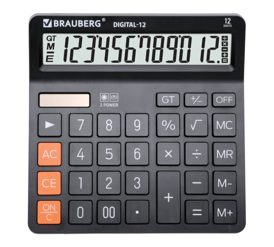 Калькулятор настольный BRAUBERG DIGITAL-12-BK 151х152 мм, 12 разрядов, двойное питание, черный 272968