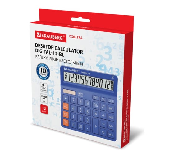 Калькулятор настольный BRAUBERG DIGITAL-12-BL 151х152 мм, 12 разрядов, двойное питание, синий 272969