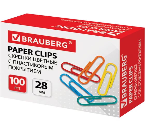 Скрепки BRAUBERG 28 мм цветные, 100 шт, в картонной коробке 220555