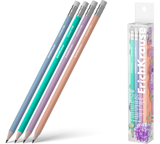 Набор из 12 чернографитных карандашей пластиковых ErichKrause JOY Pastel Bloom, круглых, с ластиком, HB (в пэт-боксе) 60703