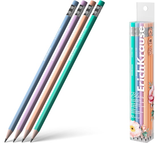 Набор из 12 чернографитных карандашей ErichKrause Pastel Bloom, трехгранных, с ластиком, HB (в пэт-боксе) 60721