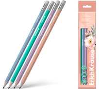 Набор из 4 чернографитных карандашей пластиковых ErichKrause JOY Pastel Bloom, круглых, с ластиком, HB (в пакете) 60705