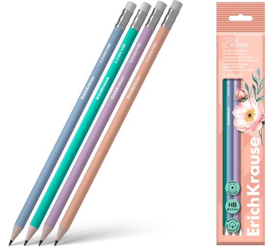Набор из 4 чернографитных карандашей пластиковых ErichKrause JOY Pastel Bloom, круглых, с ластиком, HB (в пакете) 60705 1