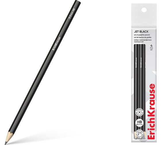 Набор из 4 чернографитных карандашей ErichKrause Jet Black, шестигранных, HB (в пакете) 60713 1