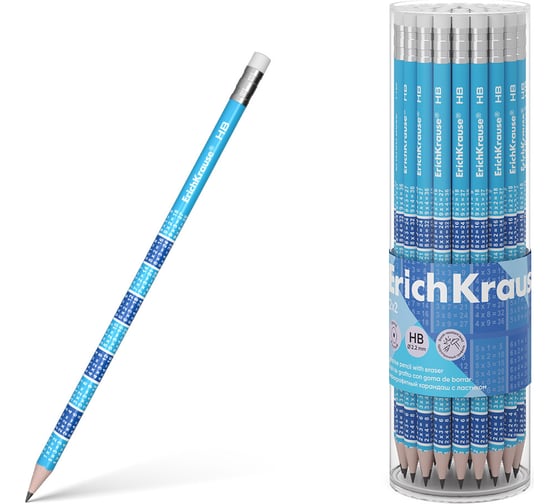 Чернографитный карандаш ErichKrause 2x2, круглый, с ластиком, HB (в тубусе по 42 шт.) 45619