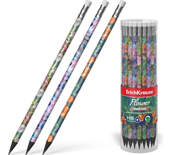 Чернографитный карандаш пластиковый ErichKrause Flower, трехгранный, с ластиком, HB (в тубусе по 42 шт.) 55282