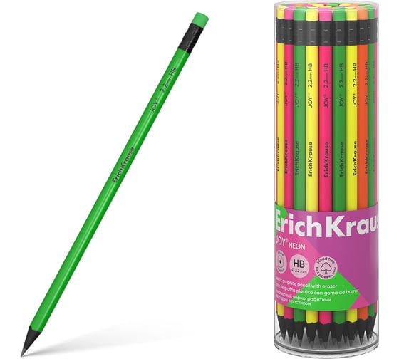 Чернографитный карандаш пластиковый ErichKrause JOY Neon, круглый, с ластиком, HB (в тубусе по 42 шт.) 43582 1