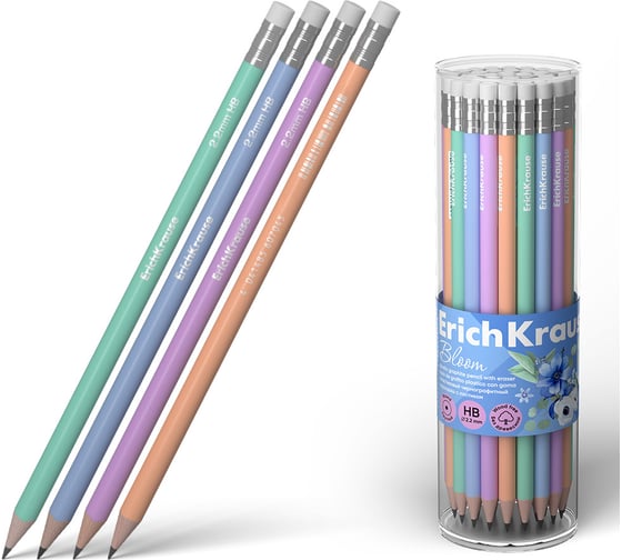 Чернографитный карандаш пластиковый ErichKrause JOY Pastel Bloom, круглый, с ластиком, HB (в тубусе по 42 шт.) 60704 1