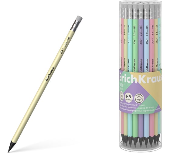 Чернографитный карандаш пластиковый ErichKrause JOY Pastel, круглый, с ластиком, HB (в тубусе по 42 шт.) 55272 1