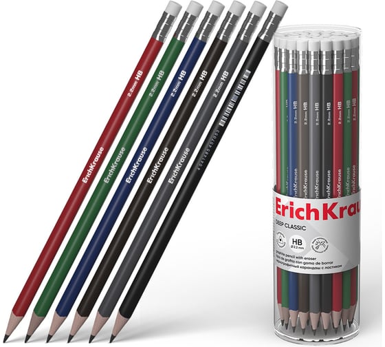 Чернографитный карандаш ErichKrause Deep Classic triangular, трехгранный, с ластиком, HB (в тубусе по 42 шт.) 60719 1