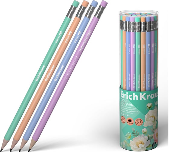 Чернографитный карандаш ErichKrause Pastel Bloom, трехгранный, с ластиком, HB (в тубусе по 42 шт.) 60722 1