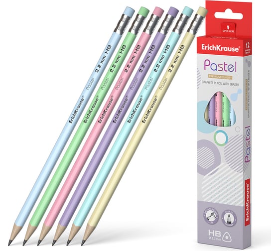 Чернографитный карандаш ErichKrause Pastel, трехгранный, с ластиком, HB (в коробке 12 шт.) 56006 1