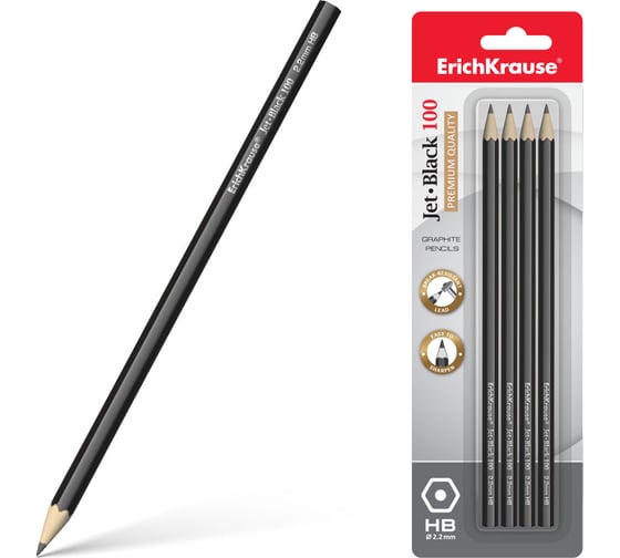 Чернографитный шестигранный карандаш ErichKrause Jet Black 100 HB (в блистере по 4 шт.) 45477