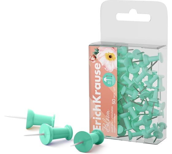 Кнопки силовые ErichKrause Pastel Bloom, Mint в пэт-боксе по 50 шт 62054