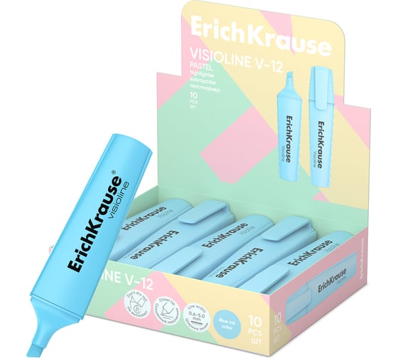 Текстмаркер ErichKrause Visioline V-12 Pastel, цвет чернил голубой в коробке-дисплее по 10 шт 60806 1