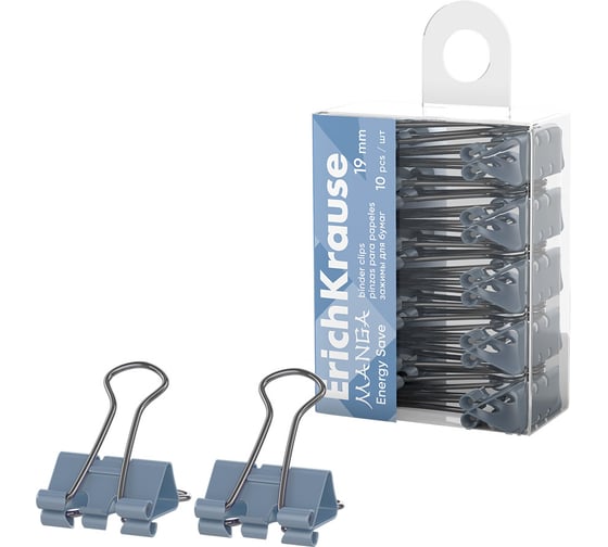 Зажимы для бумаг ErichKrause Energy Save Manga, 19 мм, Pale Blue в пэт-боксе по 10 шт 62066 1
