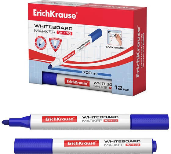 Маркер для досок ErichKrause W-170, цвет чернил синий, 12 шт 13044 1