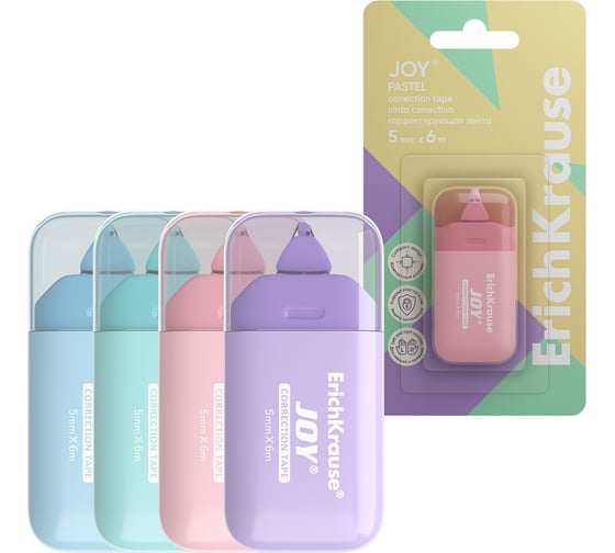 Корректирующая лента ErichKrause JOY Pastel, 5 мм х 6 м, ассорти в блистере по 1 шт 61930