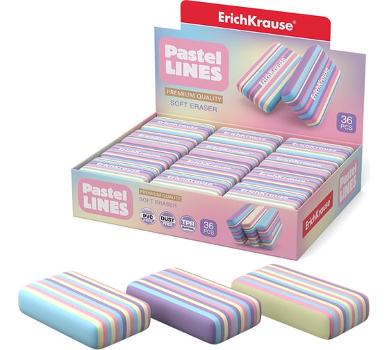 Ластик ErichKrause Pastel Lines в коробке 36 шт 56039 1