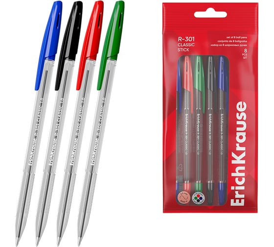 Набор из 8 ручек шариковых ErichKrause R-301 Stick Classic 1.0, цвет чернил: синий, черный, красный, зеленый (в пакете) 60993 1