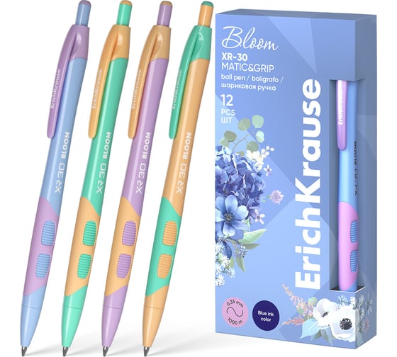 Ручка шариковая автоматическая ErichKrause XR-30 Matic Grip Pastel Bloom 0.7, цвет чернил синий (в коробке по 12 шт.) 61084