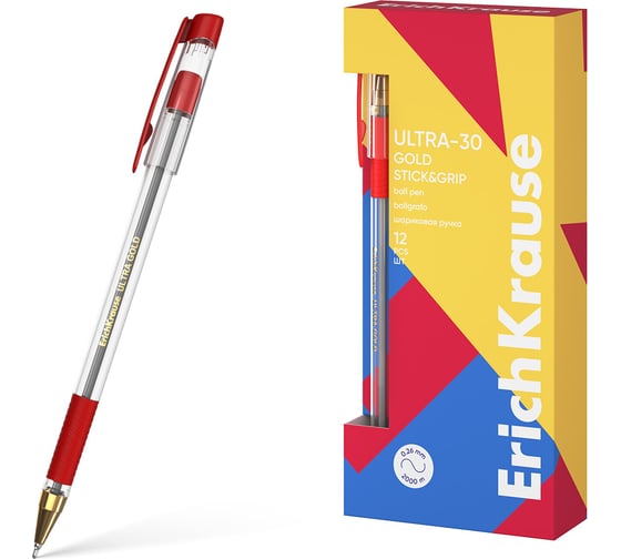 Ручка шариковая ErichKrause ULTRA-30 Gold Stick Grip Classic 0.7, Super Glide Technology, цвет чернил красный (в коробке по 12 шт.) 61112
