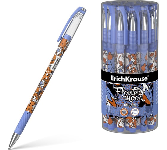 Ручка шариковая ErichKrause Tulips Stick, цвет чернил синий (в тубусе по 24 шт.) 48080 1
