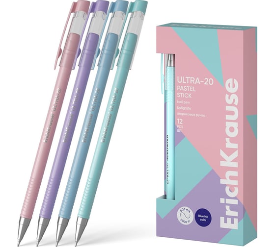 Ручка шариковая ErichKrause ULTRA-20 Stick Pastel 0.7, Super Glide Technology, цвет чернил синий (в коробке по 12 шт.) 61030