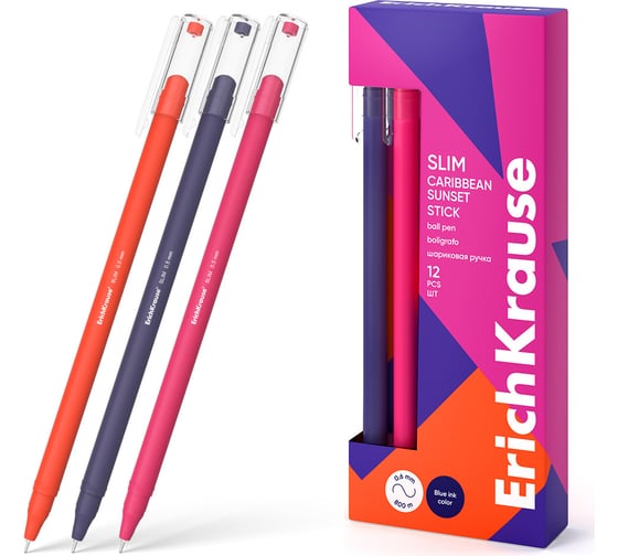 Ручка шариковая ErichKrause Slim Stick Caribbean Sunset 0.7, цвет чернил синий (в коробке по 12 шт.) 61046