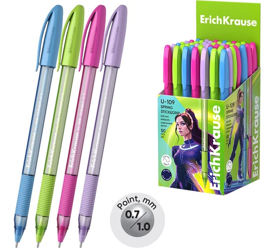 Ручка шариковая ErichKrause U-109 Stick Grip Spring 0.7, Ultra Glide Technology, цвет чернил синий (в коробке по 50 шт.) 58109 1
