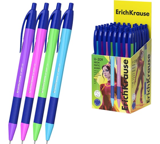 Ручка шариковая автоматическая ErichKrause U-209 Matic Grip Neon 1.0, Ultra Glide Technology, цвет чернил синий (в коробке по 50 шт.) 47614 1
