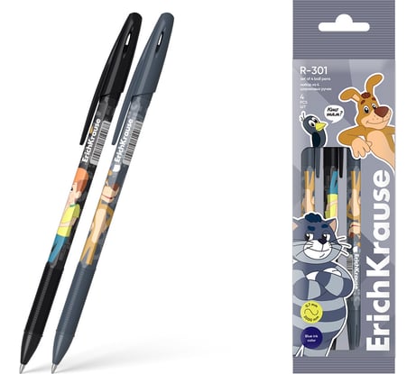 Набор ErichKrause из 4 ручек шариковых R-301 с резиновым хватом Простоквашино 0,7, цвет чернил синий 61100