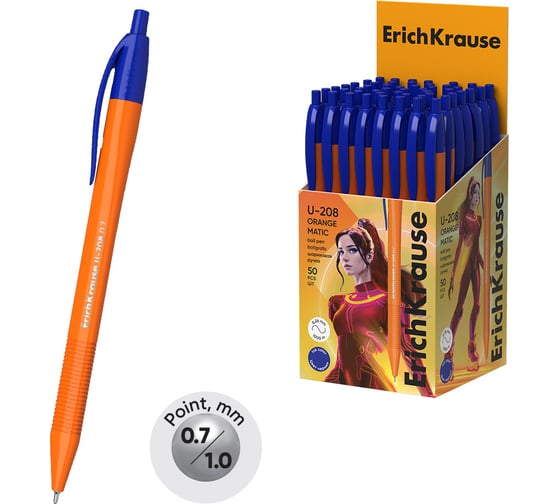 Ручка шариковая автоматическая ErichKrause U-208 Matic Orange 0.7 Ultra Glide Technology, цвет чернил синий (в коробке по 50 шт.) 47587