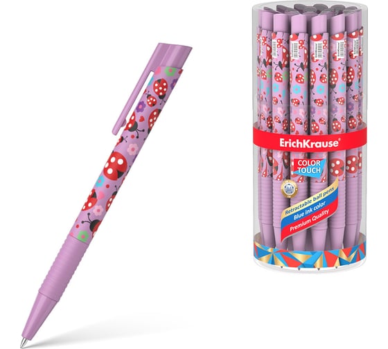 Ручка шариковая автоматическая ErichKrause ColorTouch Matic Grip Ladybug 0.7, цвет чернил синий (в тубусе по 24 шт.) 56056