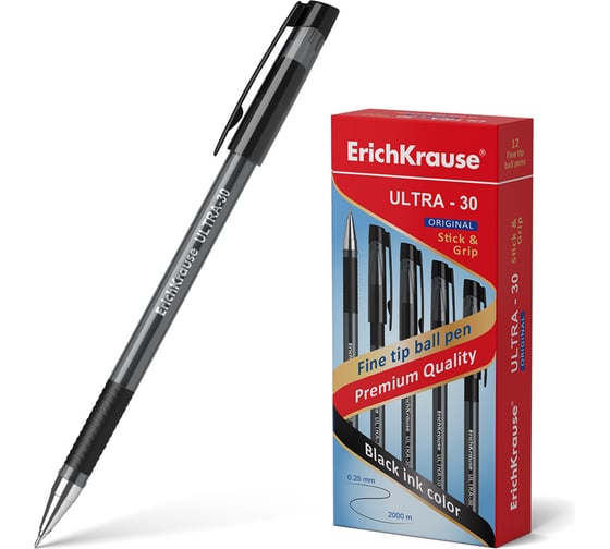 Ручка шариковая ErichKrause ULTRA-30 Stick Grip Original 0.7, Super Glide Technology, цвет чернил черный (в коробке по 12 шт.) 55393