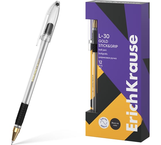 Ручка шариковая ErichKrause L-30 Gold Stick Grip Classic 0.7, Super Glide Technology, цвет чернил черный (в коробке по 12 шт.) 61042