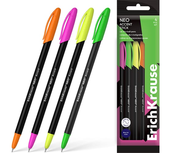 Набор из 4 ручек шариковых ErichKrause Neo Stick Accent 0.7, Super Glide Technology, цвет чернил синий (в пакете) 61008 1