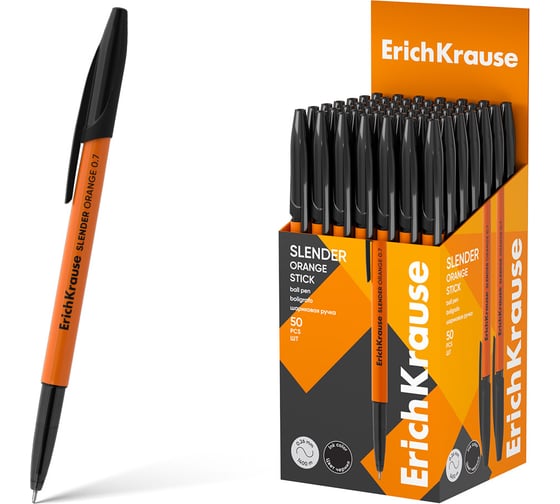 Ручка шариковая ErichKrause Slender Stick Orange 0.7, Super Glide Technology, цвет чернил черный (в коробке по 50 шт.) 63090