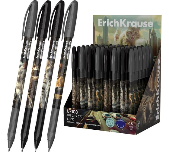 Ручка шариковая ErichKrause U-108 Stick Big City Cats 1.0, Ultra Glide Technology, цвет чернил синий (в дисплее по 48 шт.) 63104 1