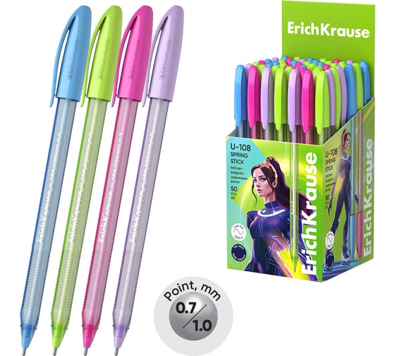 Ручка шариковая ErichKrause U-108 Stick Spring 0.7, Ultra Glide Technology, цвет чернил синий (в коробке по 50 шт.) 58108