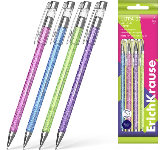 Набор из 4 ручек шариковых ErichKrause ULTRA-20 Stick Glitter 0.7, Super Glide Technology, цвет чернил синий (в пакете) 61033 1